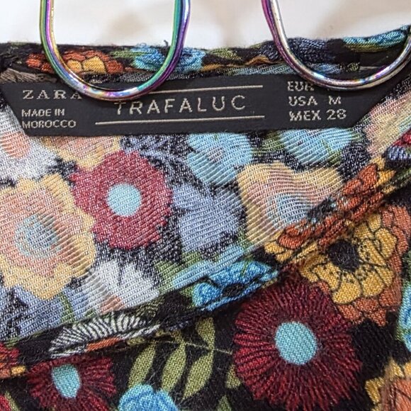 Zara Trafaluc Tunic Women M Black Floral LS Whimsigoth Boho Empire Waist Flowy - Picture 3 of 15